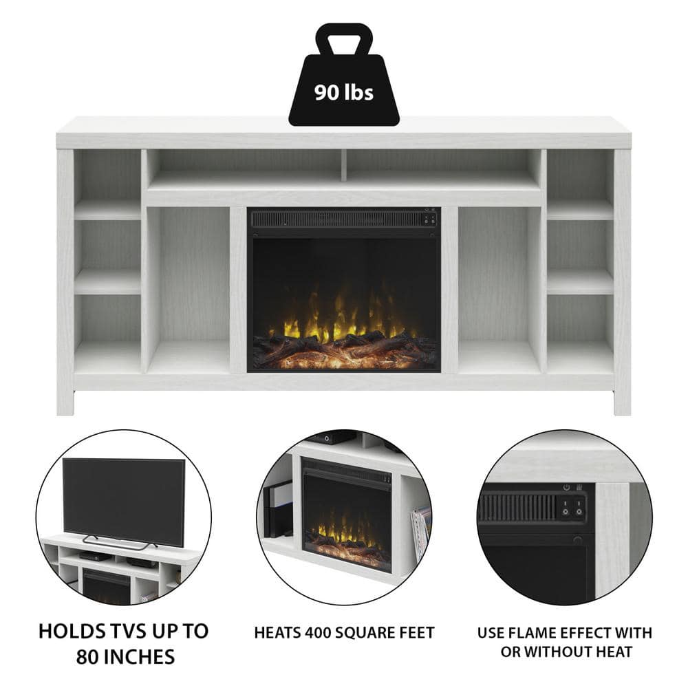 White Wood 68" TV Stand with Electric Fireplace