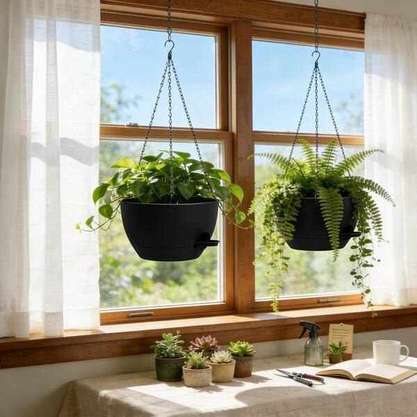Hcman 2-Pack 13 in. Self Watering Hanging Planters with Removable 50 oz. Reservoir, Plastic Hanging Basket, Black