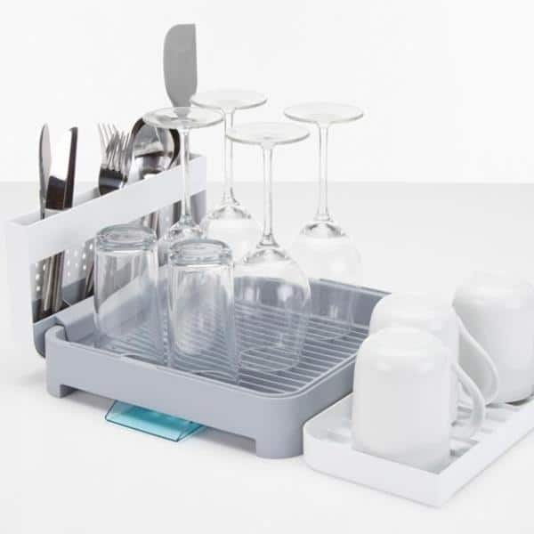 White and Gray Foldable Plastic Countertop Dish Rack with Utensil Cup