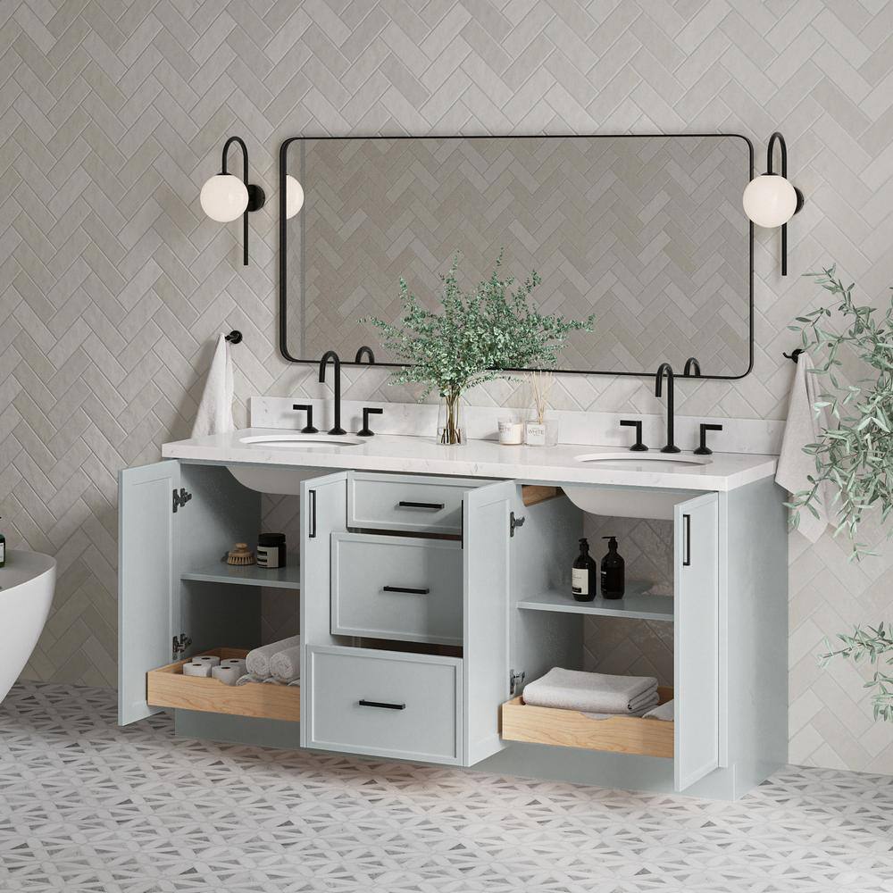 Gray Solid Wood Double Sink Bathroom Vanity with Carrara Quartz Top