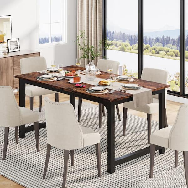 BYBLIGHT Rustic Brown Wood Finish 4-Legs 63 in. Dining Table Seats 4 to 6