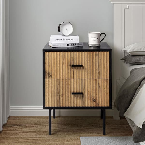 Orena 19.7 in. W x 15.7 in. D x 25.2 in. H 2-Drawer Black Nightstand with Metal Legs and Ample Storage Space