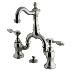 Tudor Bridge 8 in. Widespread 2-Handle Bathroom Faucet with Brass Pop-Up in Brushed Nickel