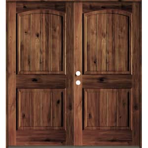 60 in. x 80 in. Rustic Knotty Alder Arch Top Red Mahogony Stain/V-Groove Right-Hand Wood Double Prehung Front Door