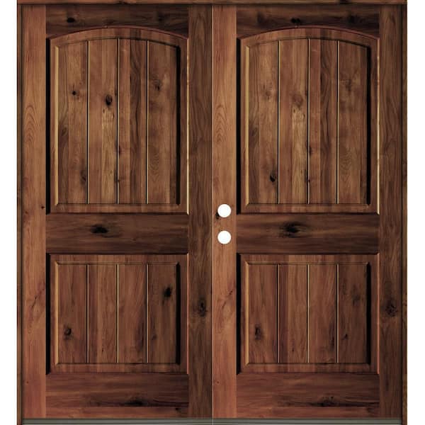 Krosswood Doors 60 in. x 80 in. Rustic Knotty Alder Arch Top Red Mahogony Stain/V-Groove Right-Hand Wood Double Prehung Front Door
