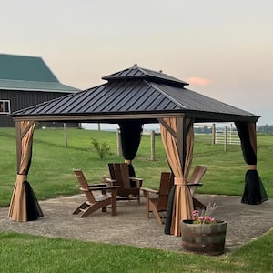 10 ft.x 14 ft.Bronze Aluminum Power-Coated Frame Galvanized Steel Double Roof Hardtop Gazebo,Hooks,Netting,Khaki Curtain