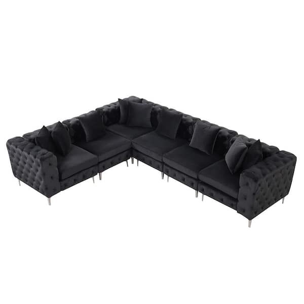 Morden Fort Button Tufted Modular Couch 122" Velvet 5 Seat U Shape Sectional Sofa for Living Room Office in. Black