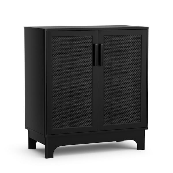 Black MDF Wood 31.5 in. Buffet Sideboard with 2-Rattan Doors for Kitchen, Living Room, Bedroom, Hallway