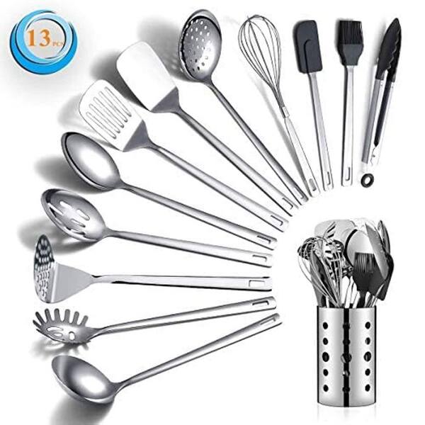 Silver Mirror Polish 13-Piece Kitchen Utensil Set, Stainless Steel Heat Resistant Cooking Tools with Storage Holder