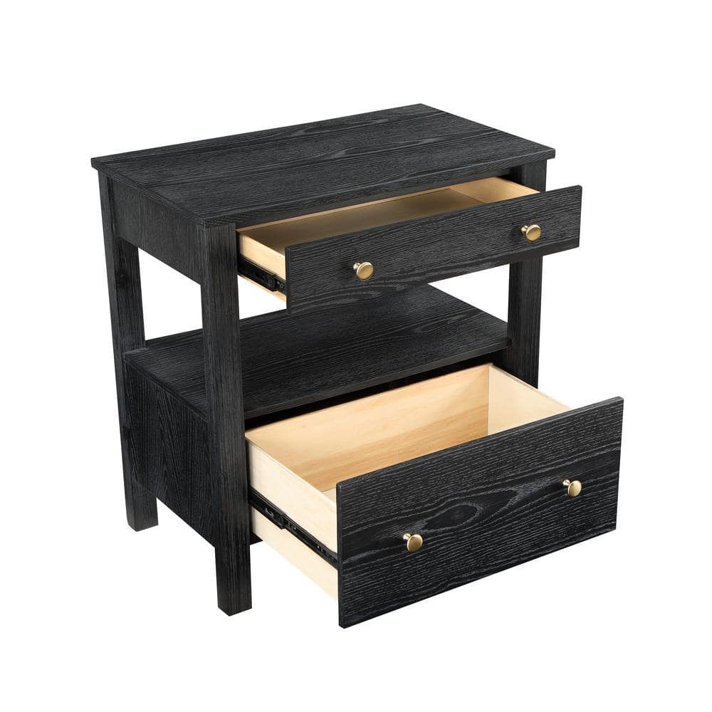 Delano Black Oak Veneer 2-Drawer Nightstand with Gold Knobs