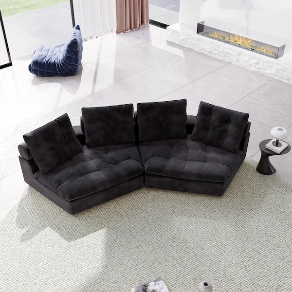 86.6 in. Square Arm Rectangle 2-Seater Frosted Velvet Free Modular Sectional Sofa in. Gray