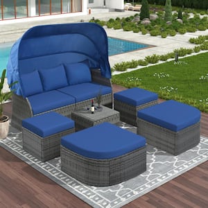 6-Piece Grey Wicker Patio Outdoor Day Bed Sunbed with Retractable Canopy and Blue Cushions for Backyard