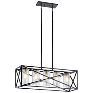 Moorgate 36 in. 5-Light Black Farmhouse Shaded Cage Linear Chandelier for Dining Room