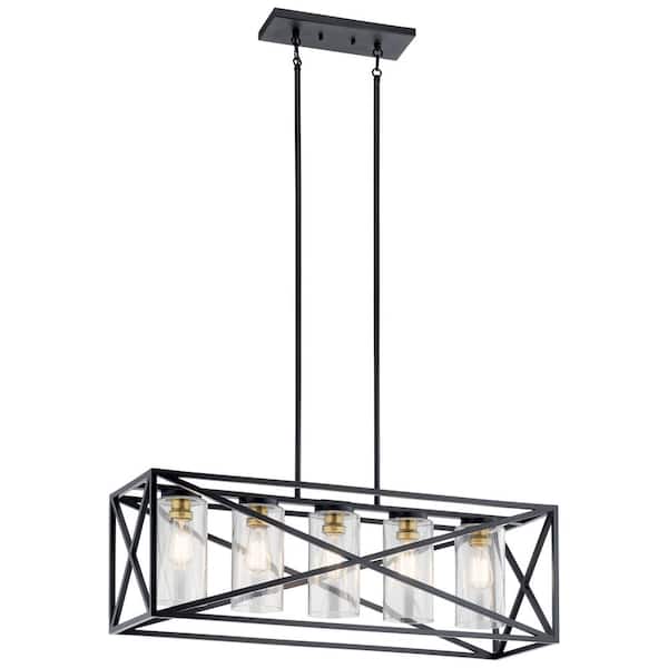 KICHLER Moorgate 36 in. 5-Light Black Farmhouse Shaded Cage Linear Chandelier for Dining Room