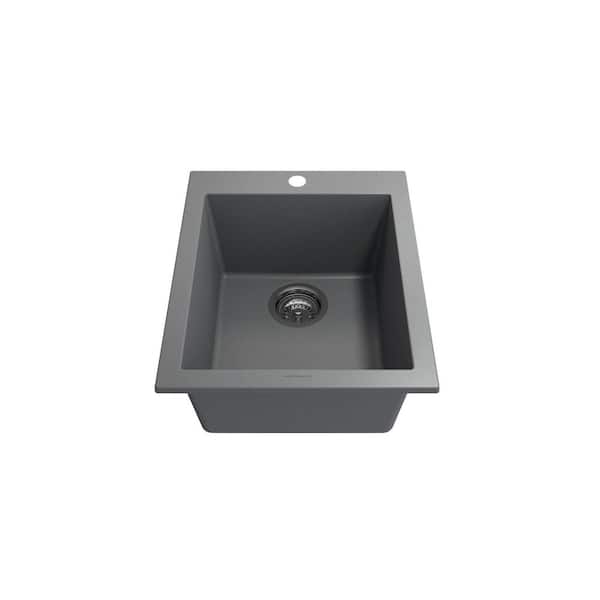 BOCCHI Campino Uno Concrete Gray Granite Composite 16 in. Single Bowl Drop-In/Undermount Bar Sink with Strainer