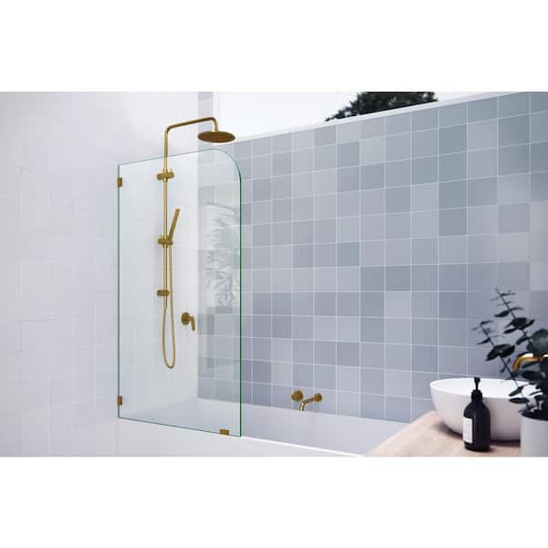 Solaris 34 in. W x 58.25 in. H Single Fixed Radius Panel Frameless Tub Door in Satin Brass Finish with Clear Glass