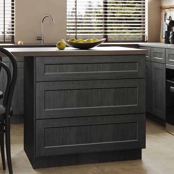 Unbranded 36 in. W x 24 in. D x 34.5 in. H Ready to Assemble Plywood Base Kitchen Cabinet with 3-Drawers in Shaker Charcoal