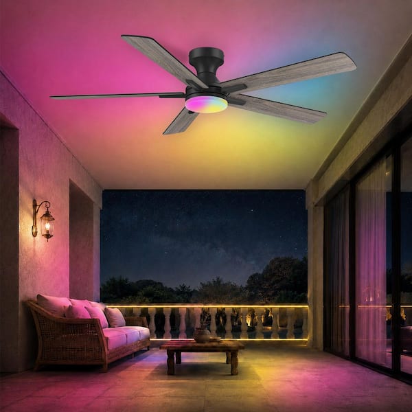 52 in. Smart Outdoor Indoor Black Flush Mount Ceiling Fan with RGB LED Lights and APP/Remote Control, Quiet, 6-Speeds