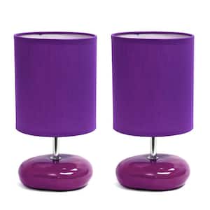 10.24 in. Purple Traditional Mini Round Rock Table Lamp Set with Purple Fabric Shade (Set of 2)