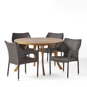 Laurent Multi-Brown 5-Piece Wood and Faux Rattan Outdoor Dining Set