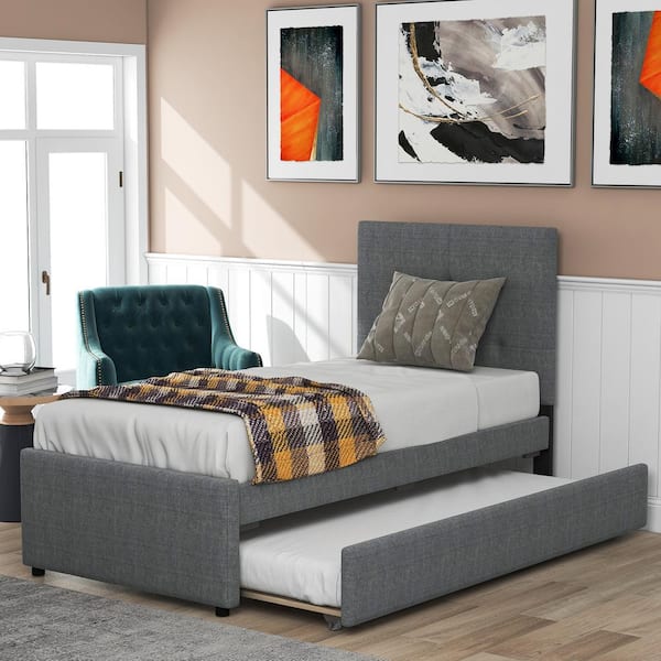Qualler Gray Twin Size Linen Upholstered Platform Bed with Headboard and Trundle