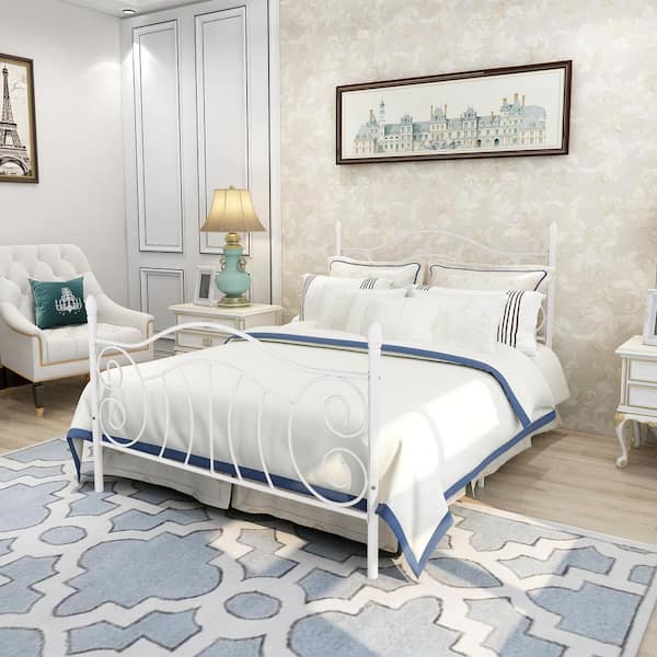 GODEER 77.95 in. W White Full Metal Bed Frame Sturdy Steel Slat Support with Under Bed Storage