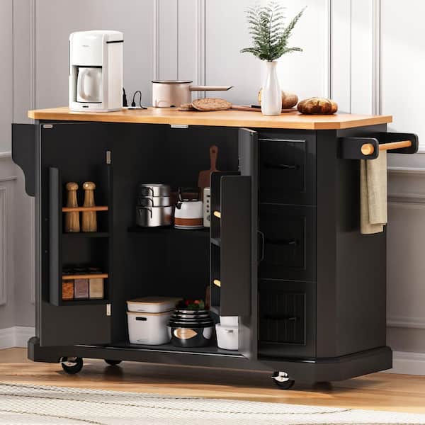 Black Rubber Wood 56 in. W Kitchen Island on 4-Wheels with 6