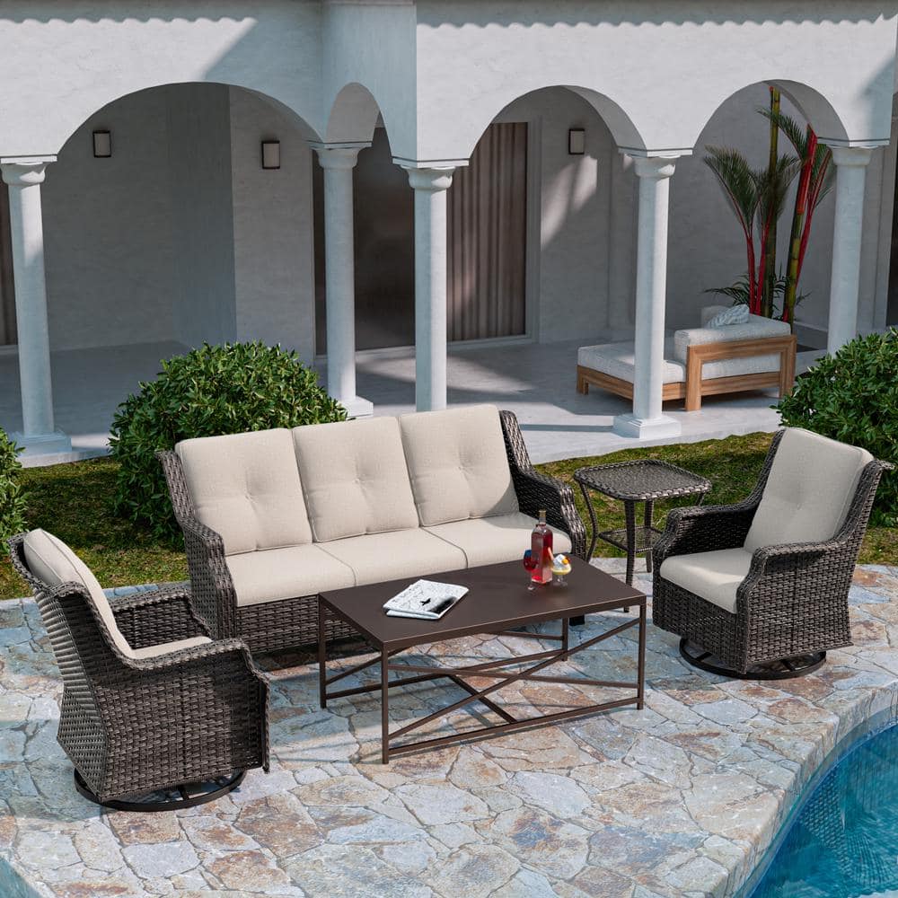 5-Piece Steel Wicker Patio Conversation Deep Seating Set with Swivel Chairs, Beige Cushions