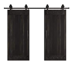 72 in. x 84 in. Full Grille Design Embossing Black Knotty Wood Double Sliding Door With Hardware Kit