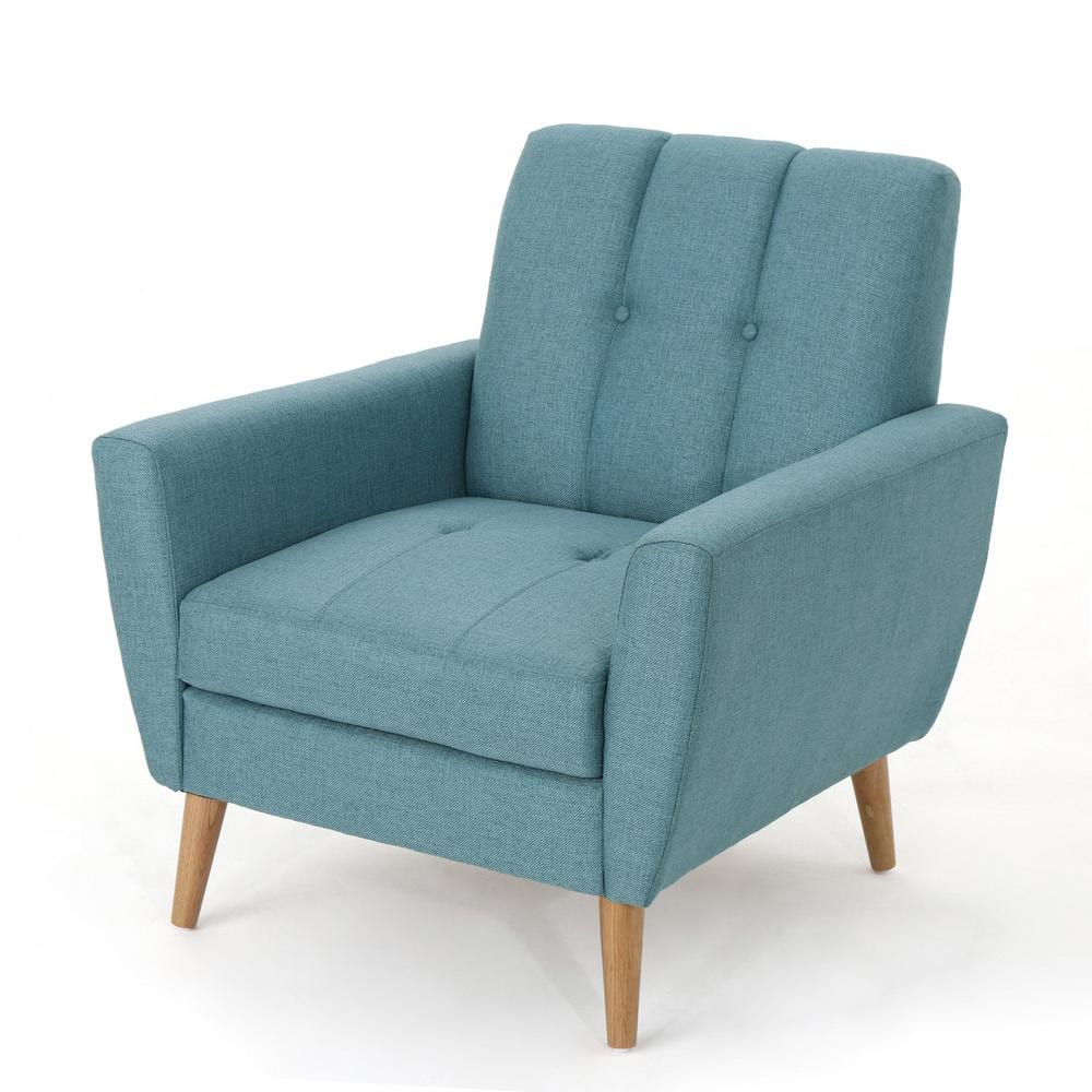 Mid-Century Blue Fabric Club Chair with Rubberwood Legs