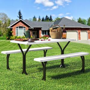 6 ft. White Outdoor Picnic Table Bench Set 64 in. WRectangle Camping Table Set with Stable Steel Frame