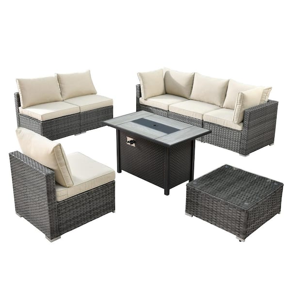 Helene Gray 8-Piece Wicker Outdoor Patio Conversation Sectional Sofa Set with a Metal Fire Pit and Beige Cushions