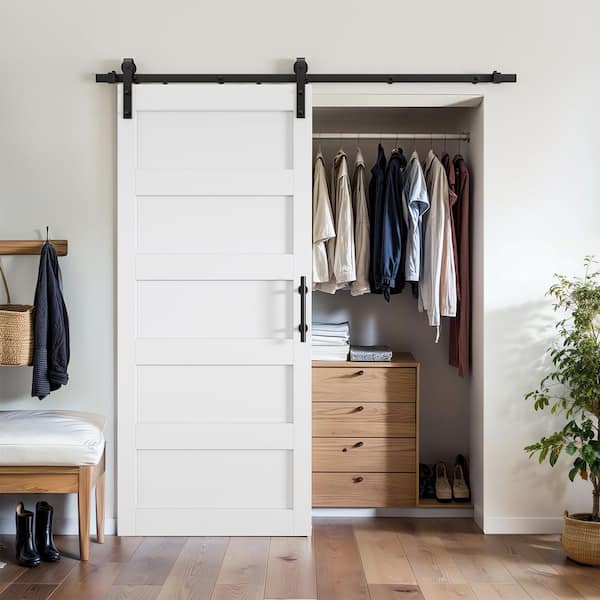 32 in. x 84 in. Classic 5-Plank White PVC Finished MDF Sliding Barn Door with Hardware Kit