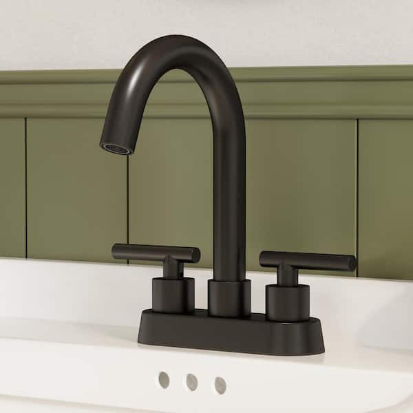 4 in. Centerset Double Handle High Arc Bathroom Faucet with 360° Swivel, Pop-Up Drain in Matte Black (Valve Included)