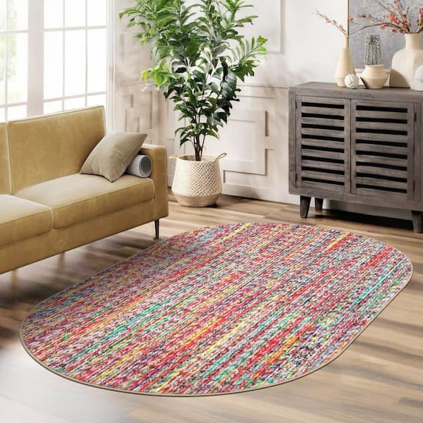 Colorful 3 ft. x 5 ft. Oval Polyester Washable Modern Geometric Pattern Area Rug