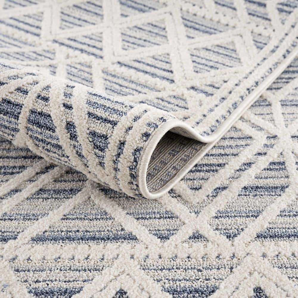 Light Blue and Cream Rectangular Synthetic Area Rug
