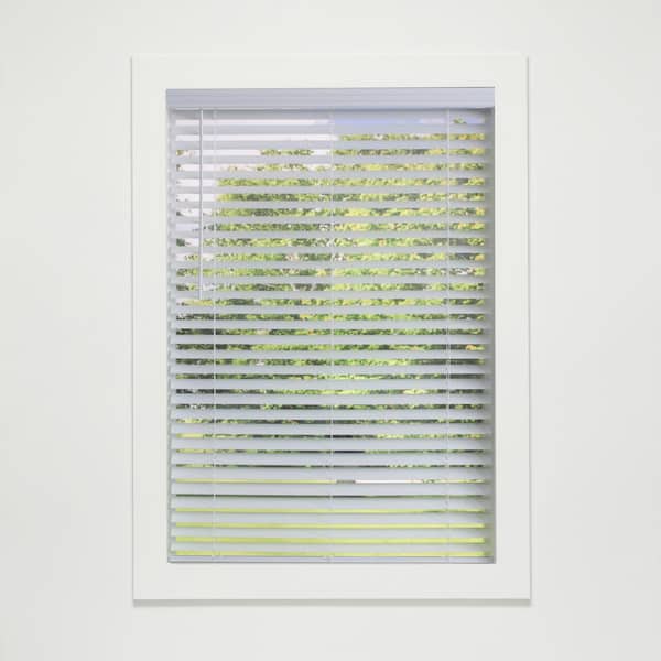 Perfect Lift Window Treatment Pre-Cut White Cordless Room Darkening Faux Wood Blinds with 2 in. slats 47 in. W x 64 in. L