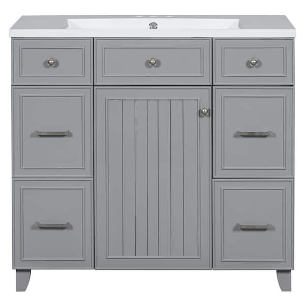 Unbranded 36 in. W x 18 in. D x 34 in. H Freestanding Bath Vanity in Gray with White Single Ceramic Sink, Closing Door and Drawer