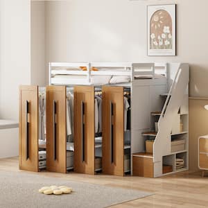 White Modern Wooden Twin Size Loft Bed with 2-Tone Storage Stairs and 4 Pull-Out Wardrobes