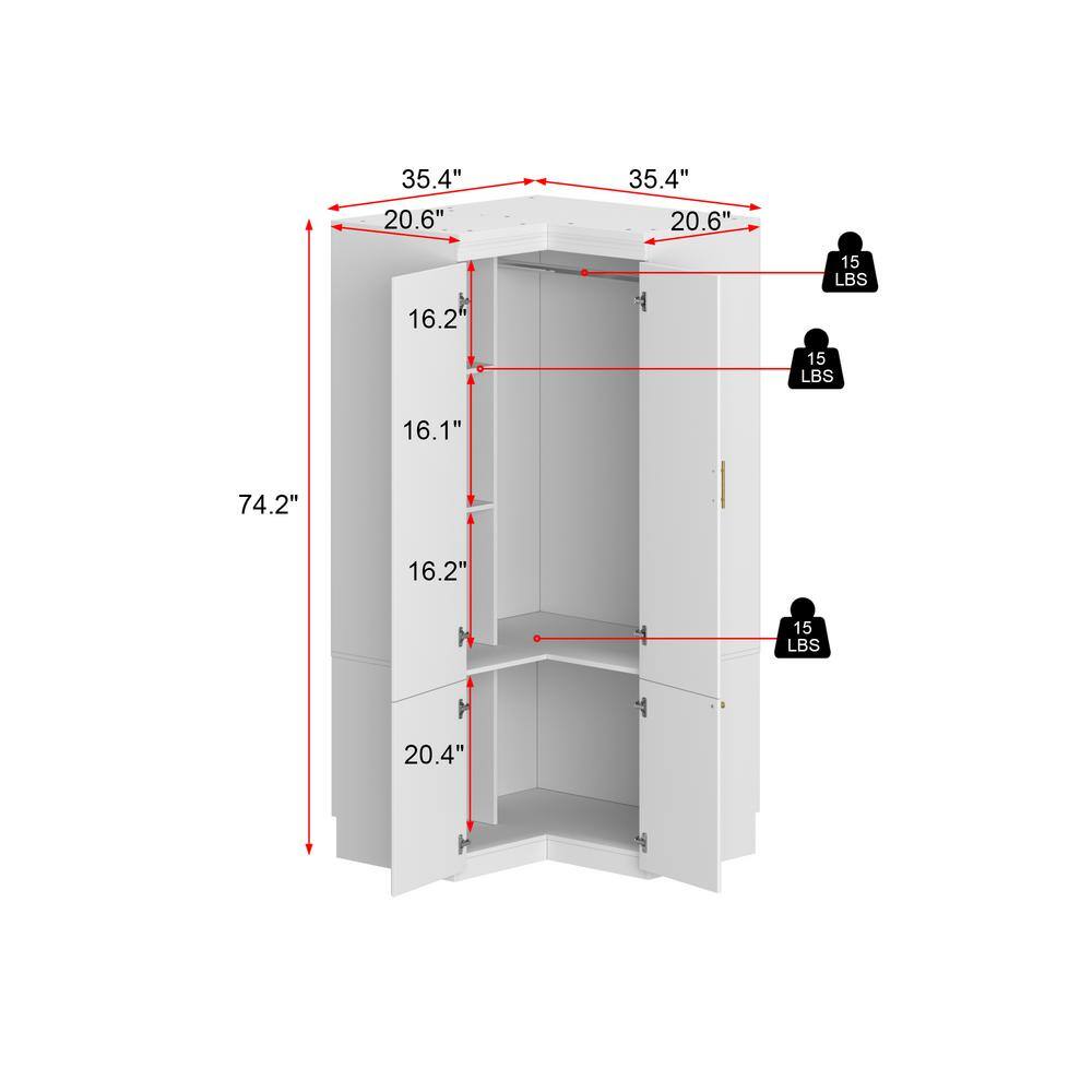 White Wood 35.4 in. W 4-Door Corner Wardrobe Armoires with Hanging Rod, Storage Shelves 74.2 in. H x 35.4 in. D - thumbnail 10