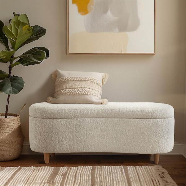 Bailey Cream Dining Bench with Boucle Flip Top Storage Bench 48 in.