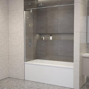 Poseidon 60 in. W x 59 in. H Fixed Frameless Splash Panel and Curtain Rod Tub Door in Chrome with Clear Glass and Shelf