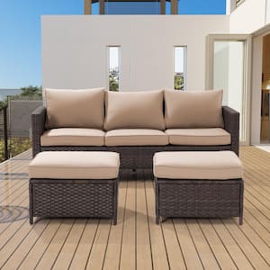 3-Piece Brown Rattan Patio Sofa Set Outdoor Furniture Set 3-Seat Sofa Ottomans With Cushions, Sand