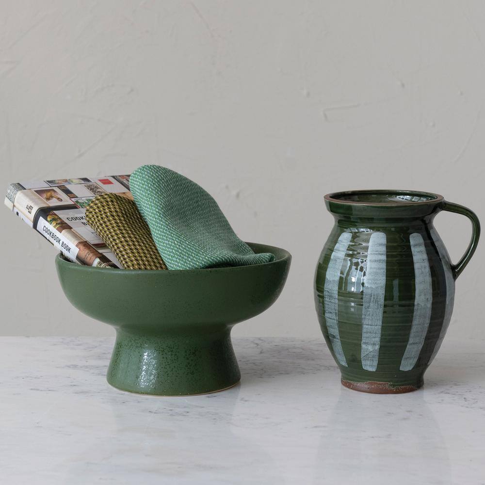 Matte Green Ceramic Footed Serving Bowl, 12.75"
