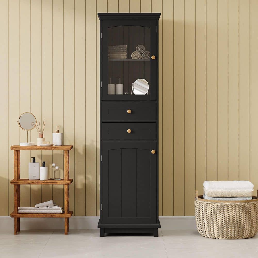 17.76 in. W x 14.21 in. D x 63 in. H Black Freestanding Tall Linen Cabinet 