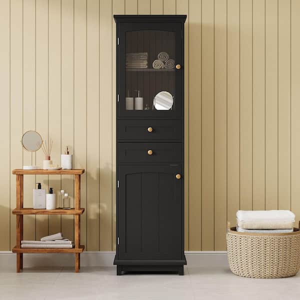 EPOWP 17.76 in. W x 14.21 in. D x 63 in. H Black Freestanding Tall Linen Cabinet with Adjustable Shelves and Drawer in Black
