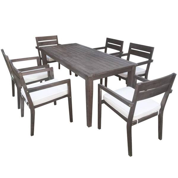 7-Piece Wood Dark Brown Outdoor Dining Set with Table 6 Chairs and Beige Cushions for Patios Garden Poolsides