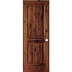 28 in. x 80 in. Knotty Alder 2 Panel Left-Hand Square Top V-Groove Red Chestnut Stain Wood Single Prehung Interior Door