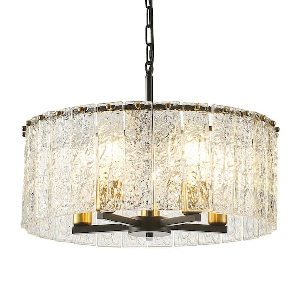 5-Light Black and Brass Modern Chandelier Drum Pendant Light with Glass Shade