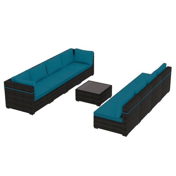 9-Piece Rattan Wicker Patio Conversation Seating Set with Coffee Table and Lake Blue Cushions